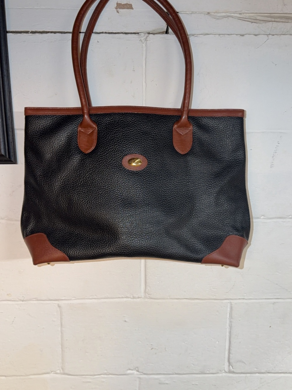 Black and Brown Leather Pebbled Tote Bag with Gold Accent